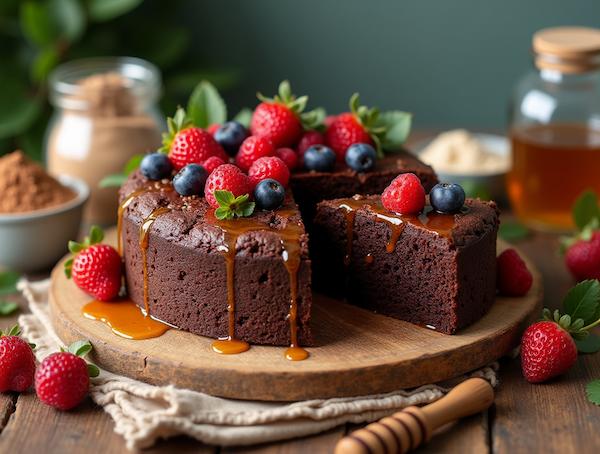 A Beautifully Presented Healthy Chocolate Cake On A Rustic Wooden Table Decorated With Fresh Berrie 4xy6580a7rrvob59nqjl 0
